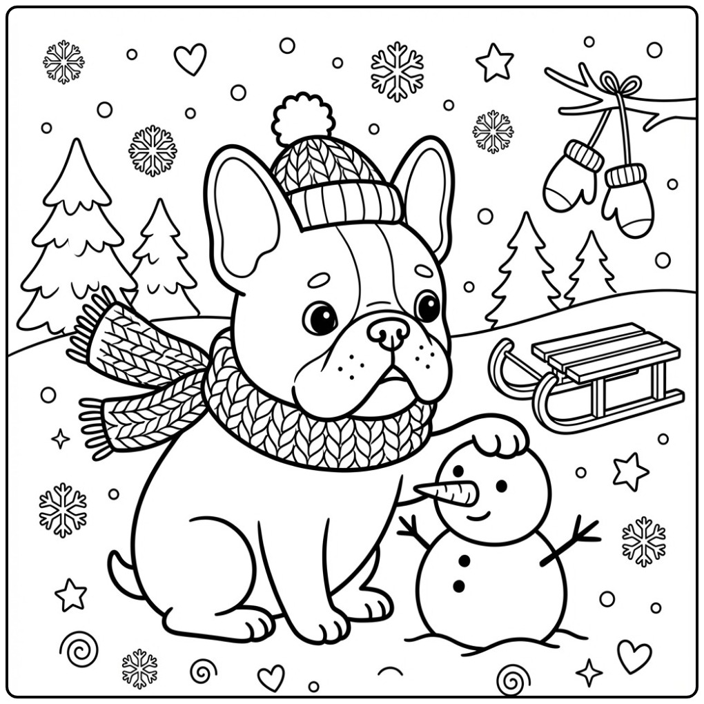 Fun French Bulldog with a Party Hat and Scarf coloring page