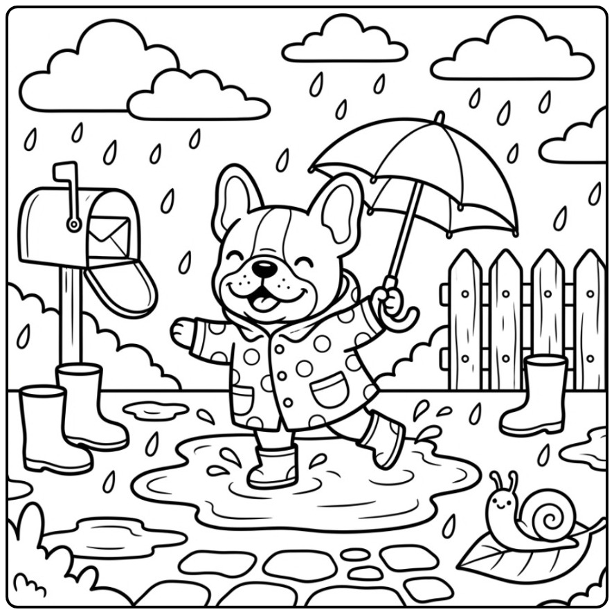 Fun French Bulldog with a Umbrella in the Rain coloring page