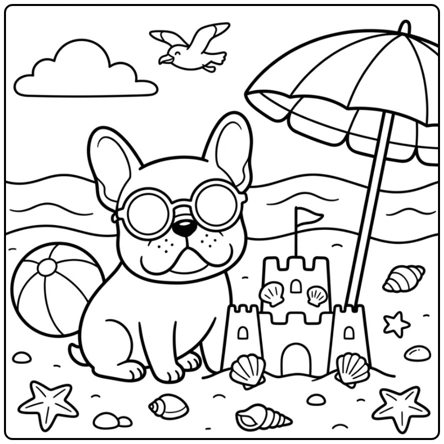 Fun French Bulldog with a Sand Castle and Ball coloring page