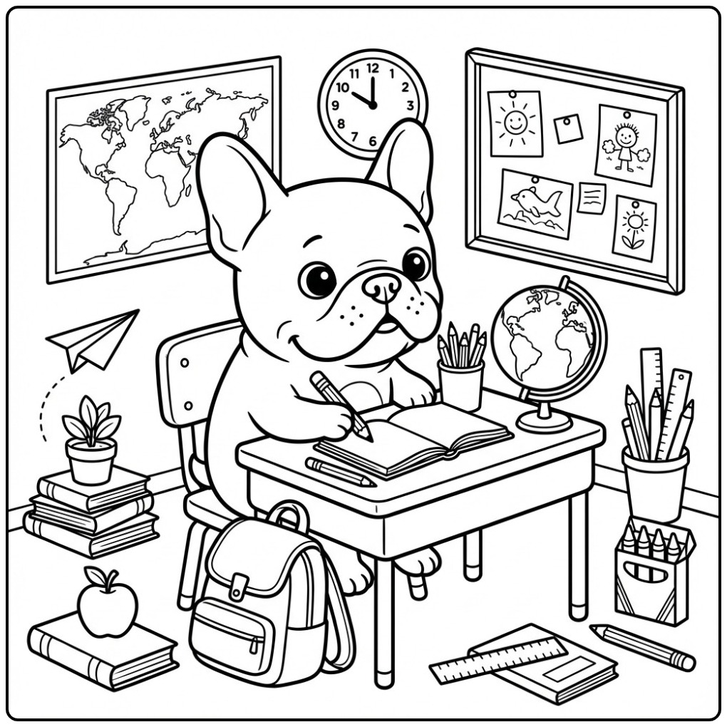 Fun French Bulldog on School with a Schooltas coloring page