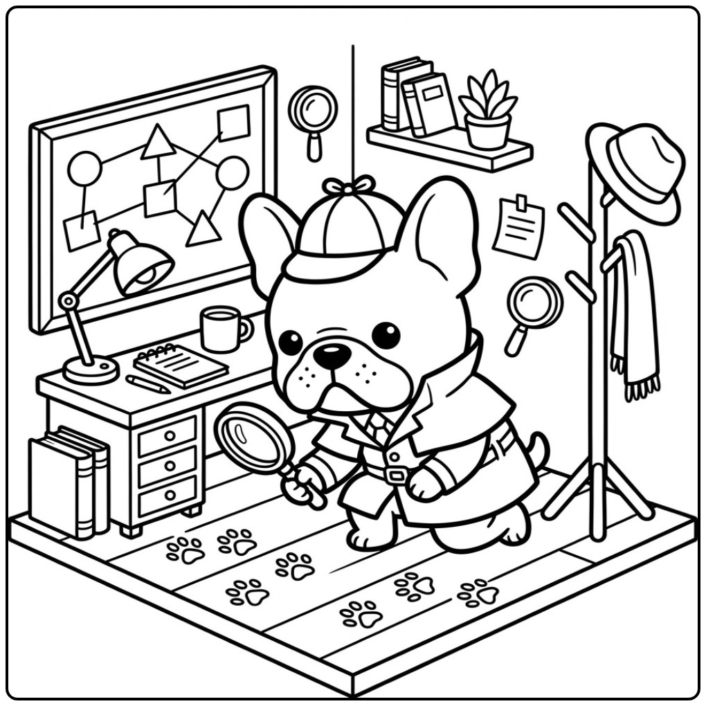 Fun French Bulldog Volgt the Pootafdrukken coloring page
