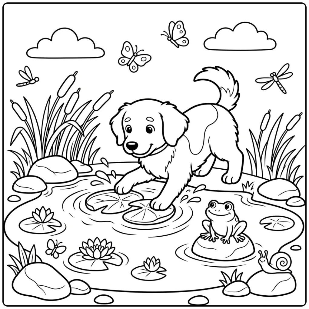 Frisian Stabyhoun coloring page playing with water