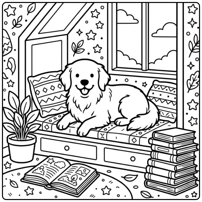 Fun Golden Retriever in a Cozy Reading Nook coloring page