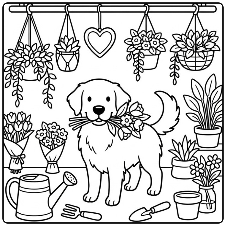 Fun Golden Retriever in a Cozy Garden Center coloring page