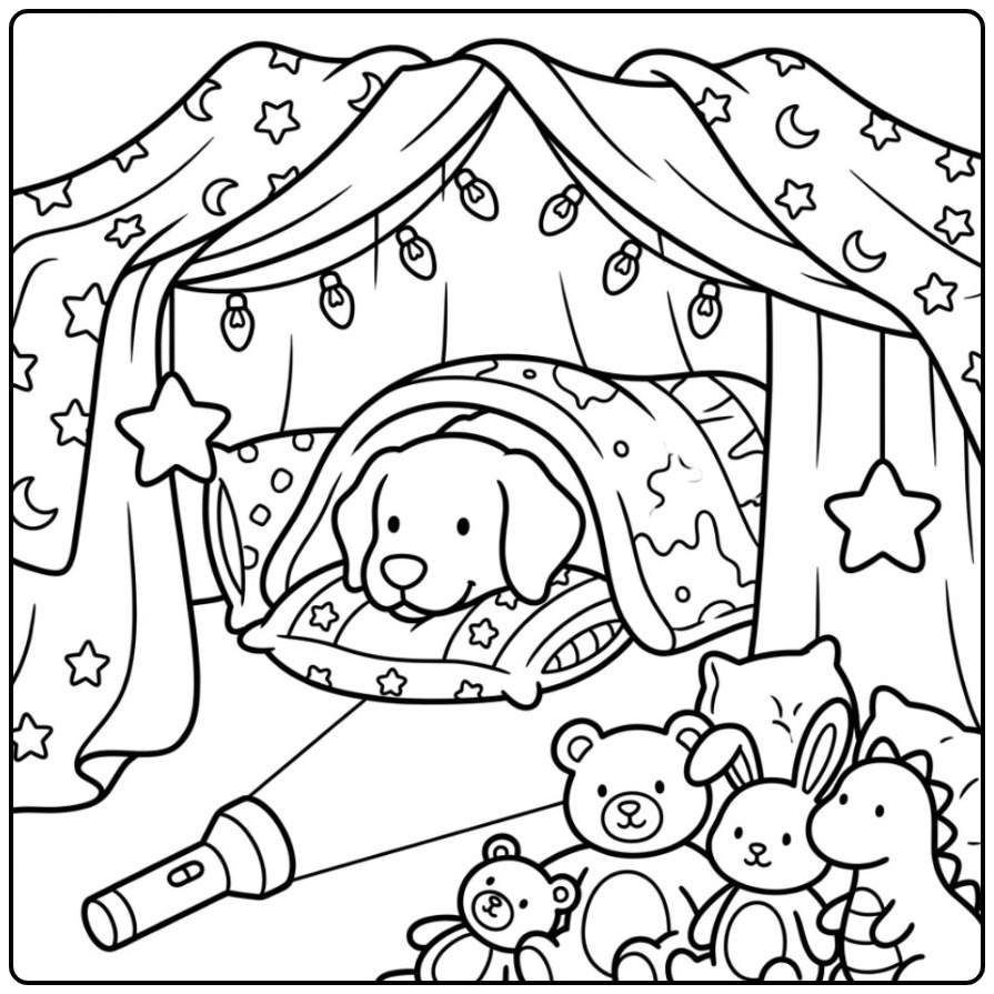 Fun Golden Retriever in a Cozy Tent coloring page