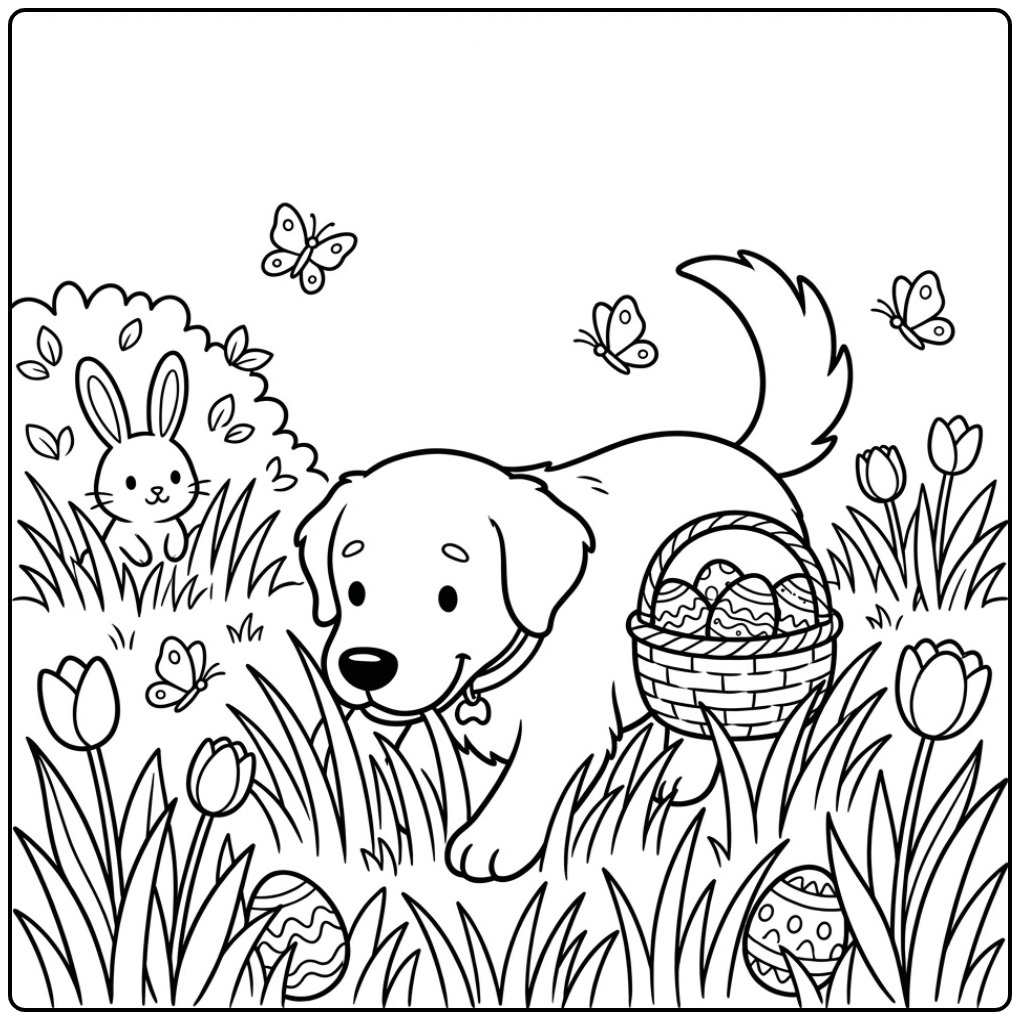 Fun Golden Retriever in a Spring Garden with Rabbit coloring page