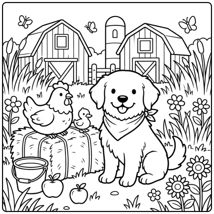 Fun Golden Retriever with Farm Animals coloring page