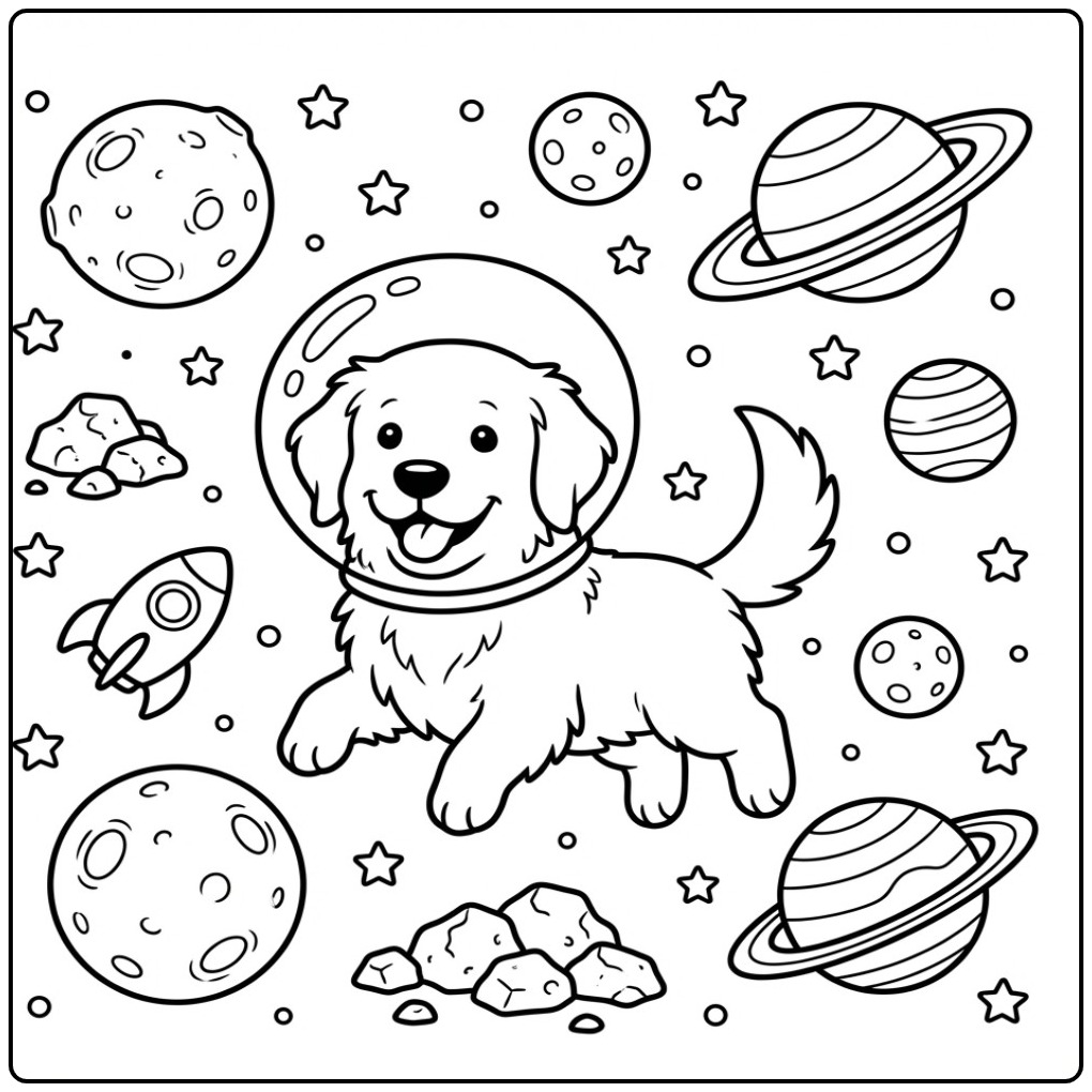 Fun Golden Retriever on a Adventurous Space Adventure coloring page