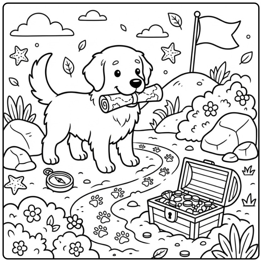 Fun Golden Retriever Pup on a Treasure Hunt coloring page