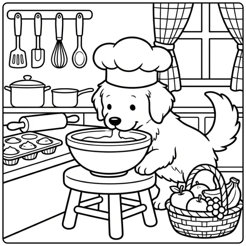 Fun Golden Retriever Puppy Baking in the Kitchen coloring page