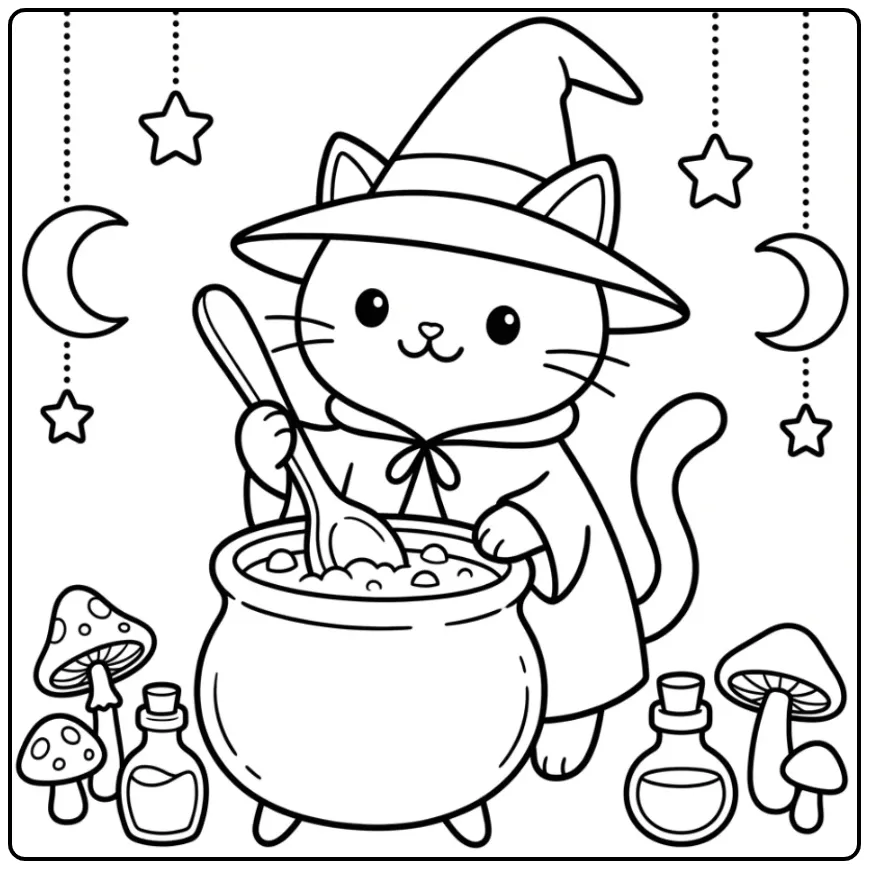 Halloween Cat coloring page stirring a witch cauldron