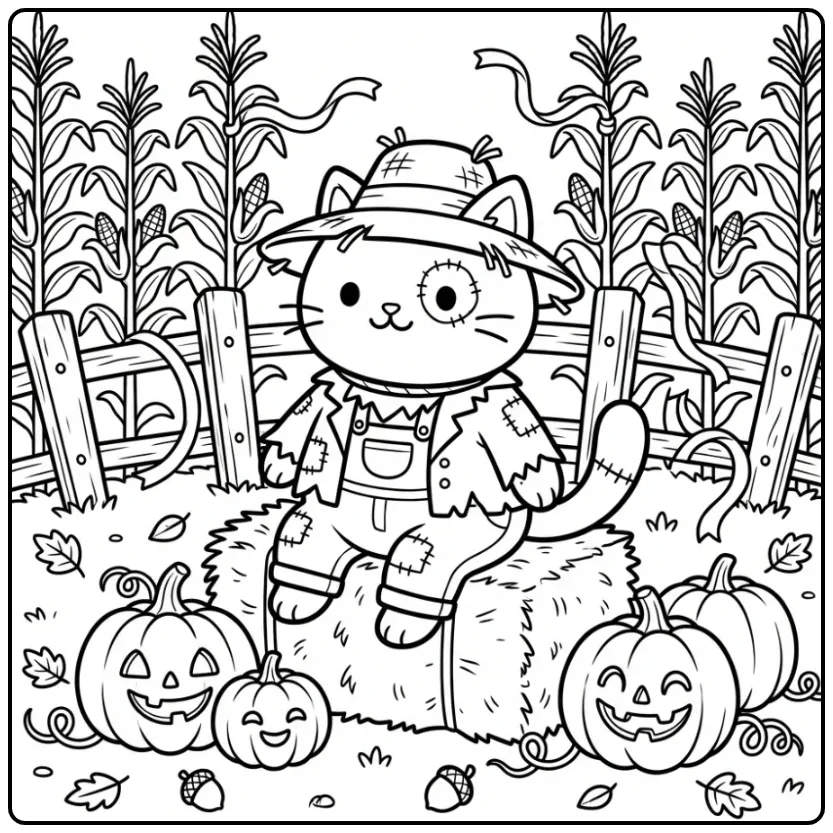 Halloween Cat coloring page scarecrow on hay