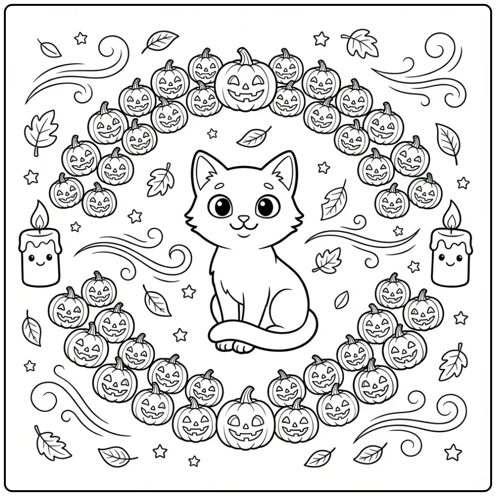 Halloween Cat coloring page with pumpkins and candles