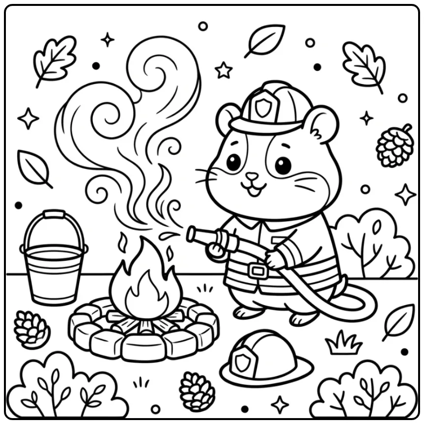 Hamster coloring page firefighter with a hose