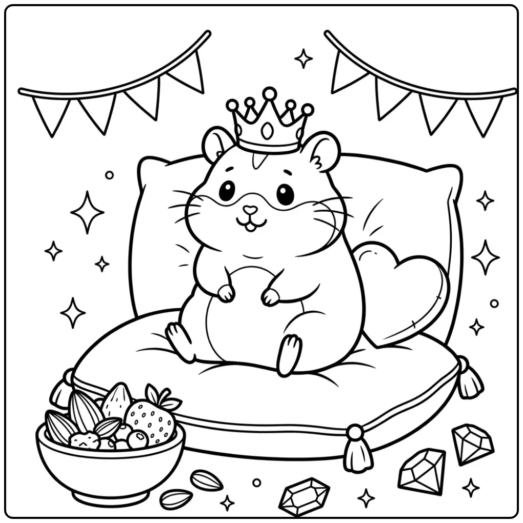 Hamster coloring page with a crown on a soft throne