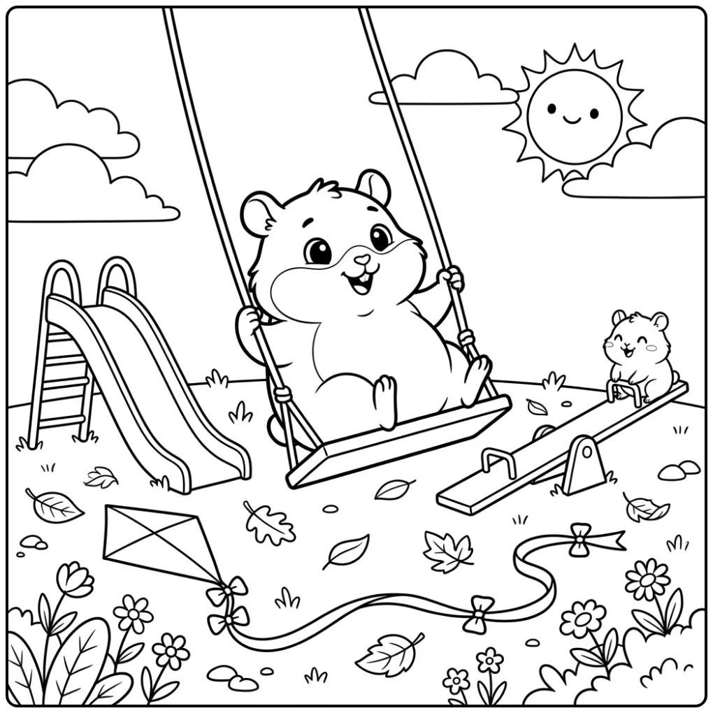 Hamster coloring page on a playground swing