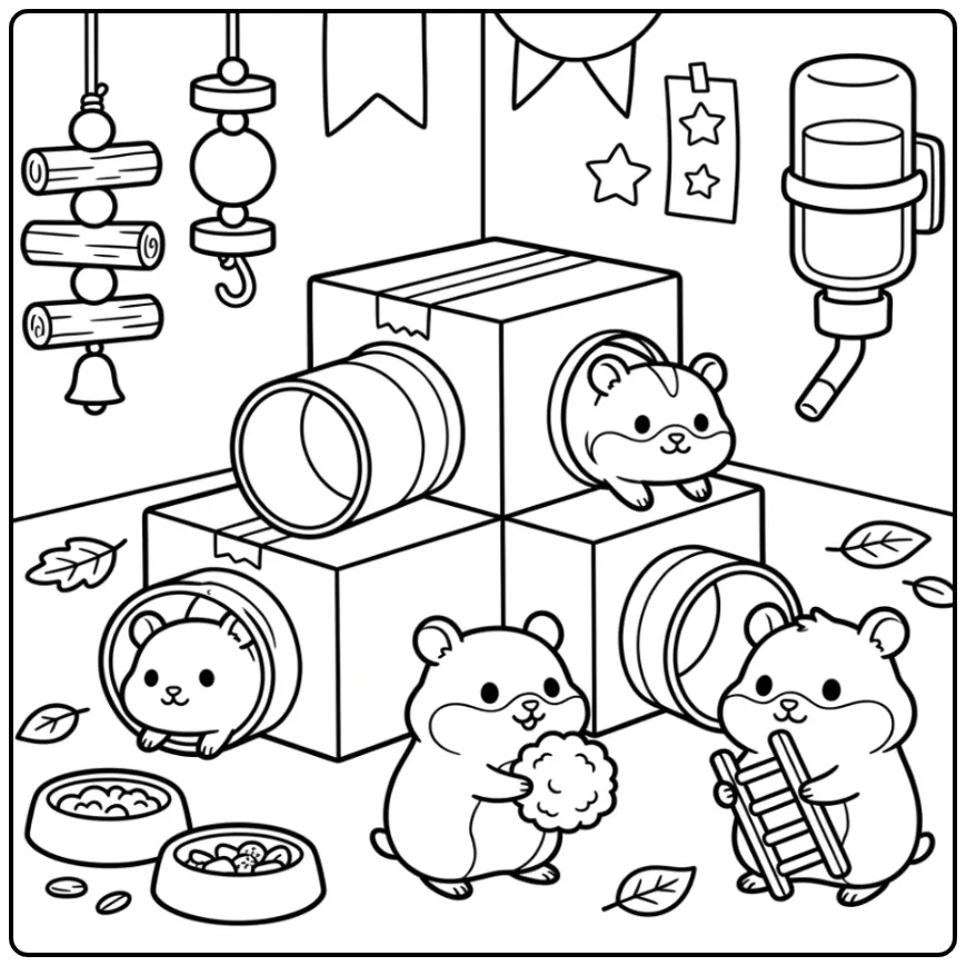 Hamsters coloring page in a cardboard city