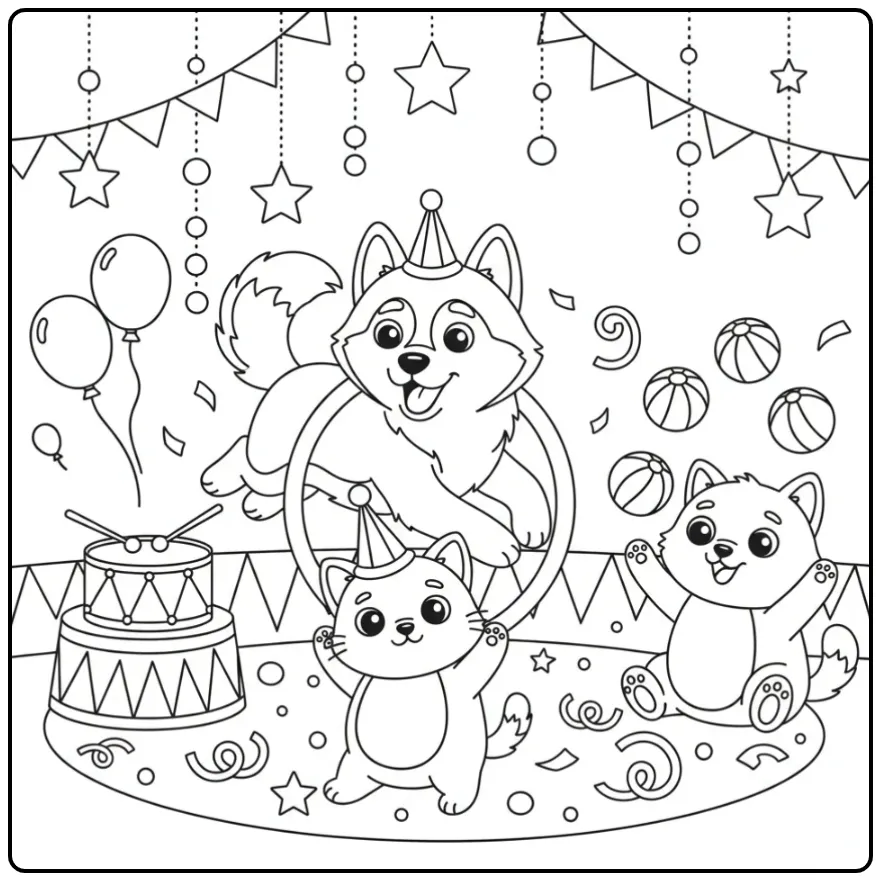 Siberian Husky and Kitten Performing a Circus Act coloring page