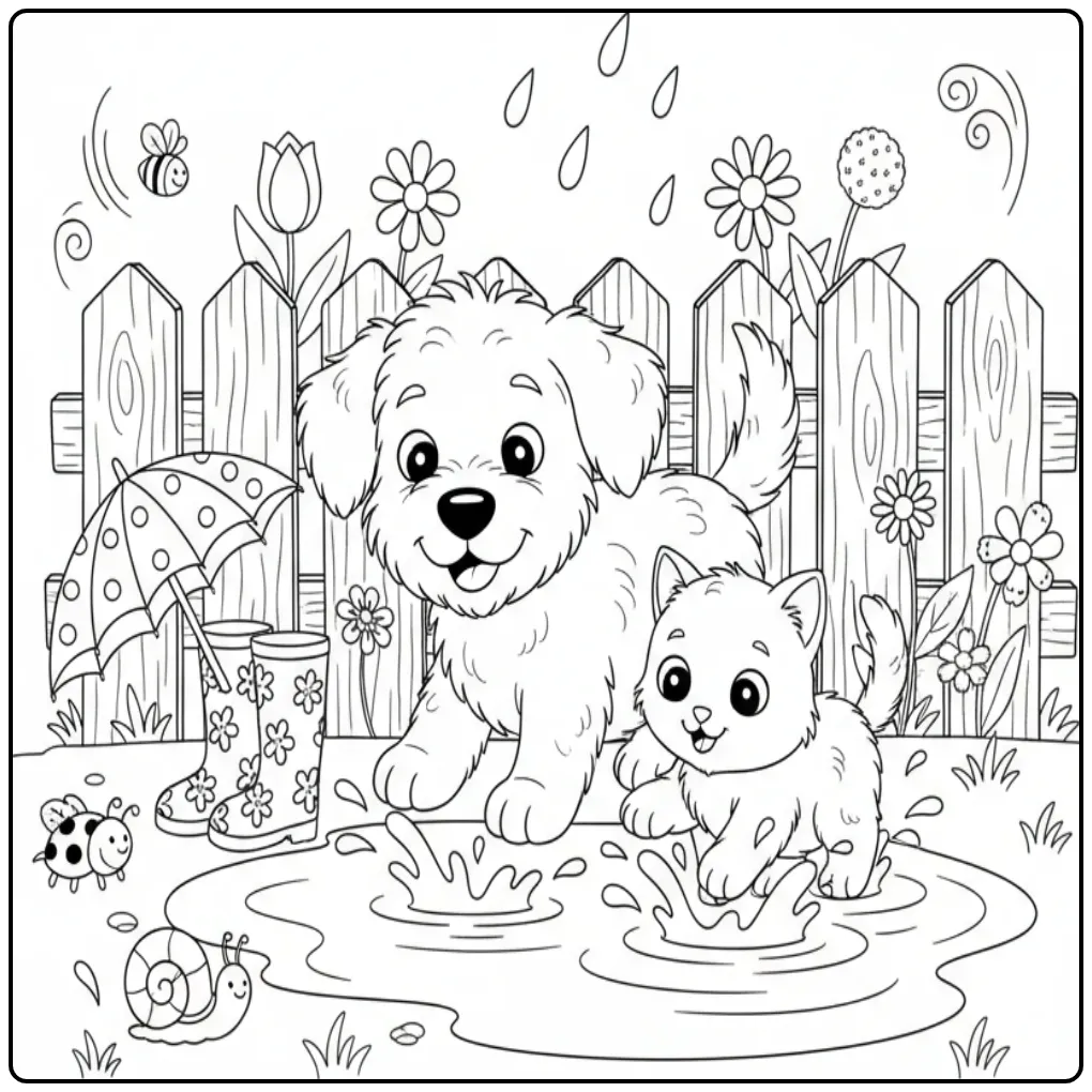 Wetterhoun and Kitten Splashing in the Rain coloring page
