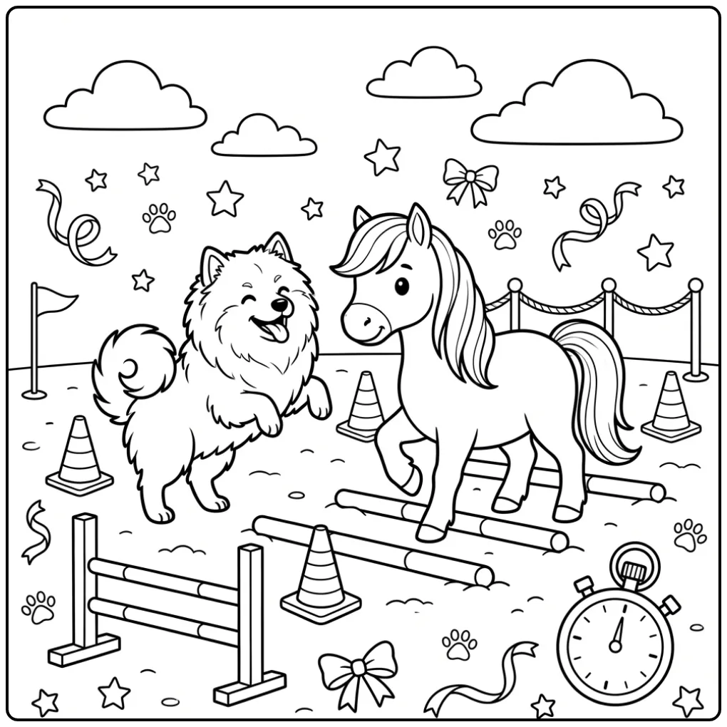 Keeshond Encouraging a Pony in a Training Arena coloring page
