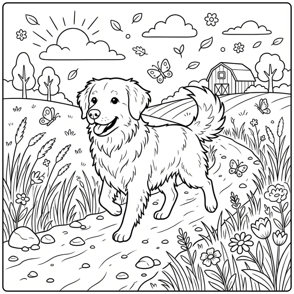 Fun Frisian Stabyhoun with Butterflies coloring page