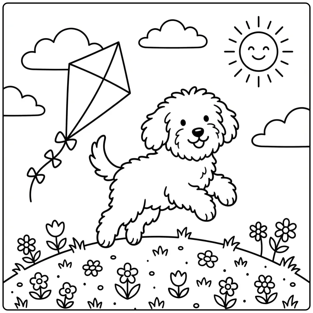Schapendoes Playing with a Kite on a Sunny Hill coloring page