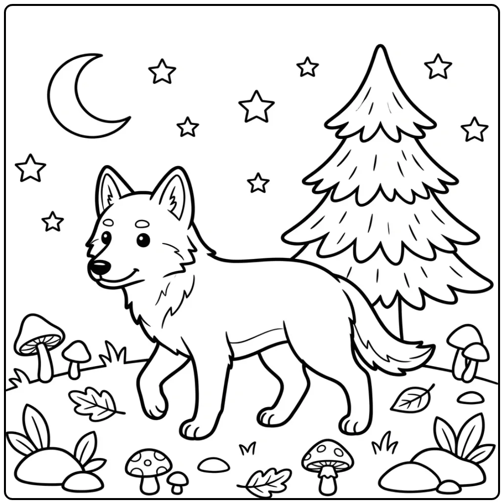 Saarloos Wolfdog Walking Through a Night Forest coloring page