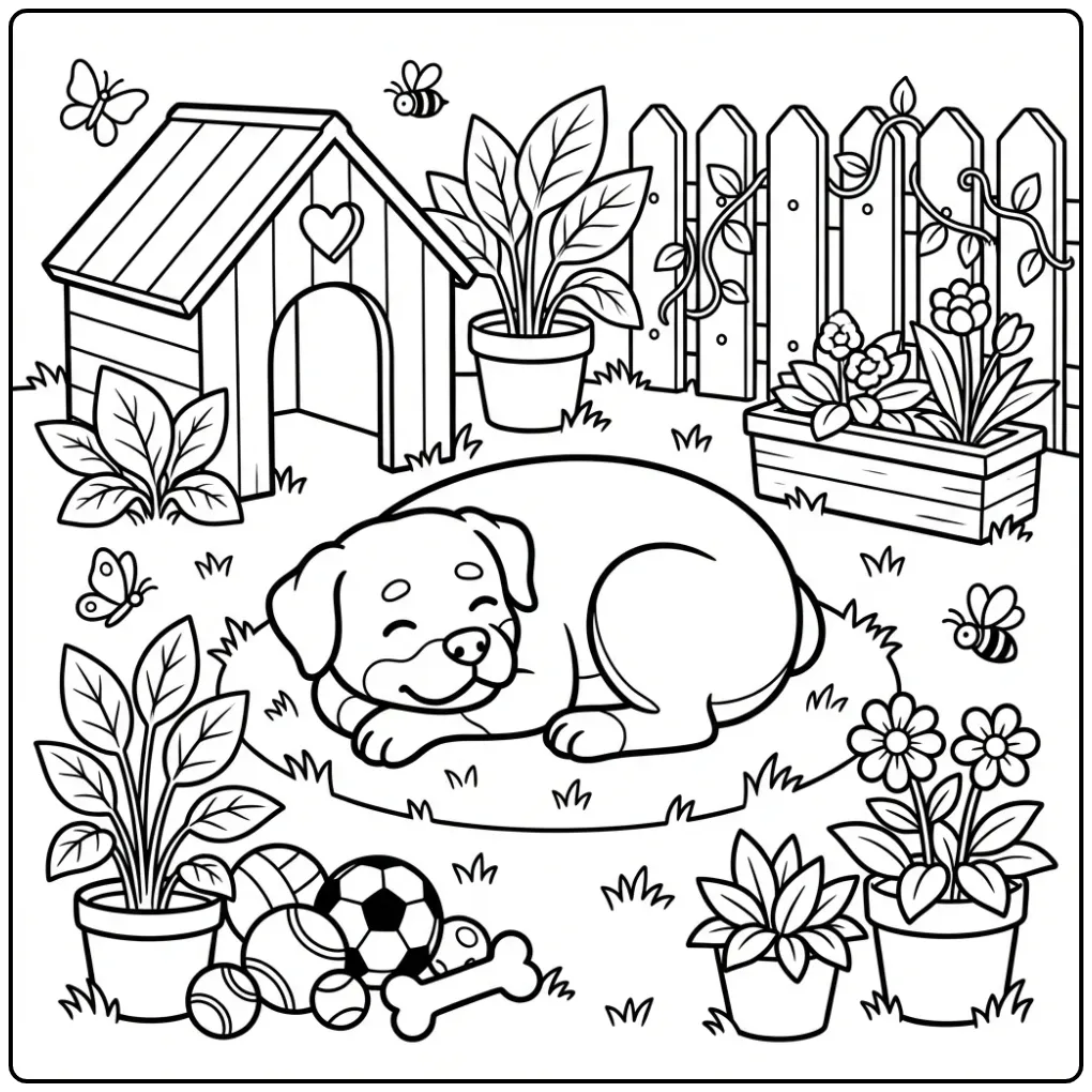 Rottweiler with a Doghouse coloring page