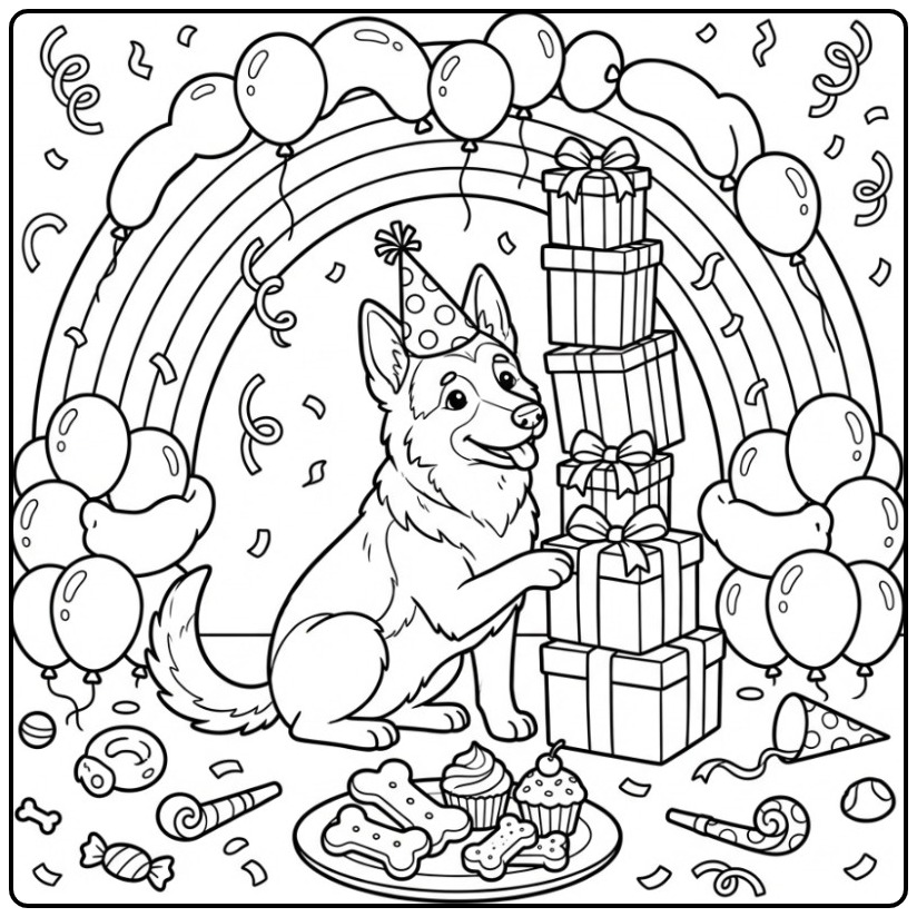 German Shepherd Birthday Dog Guarding Presents coloring page