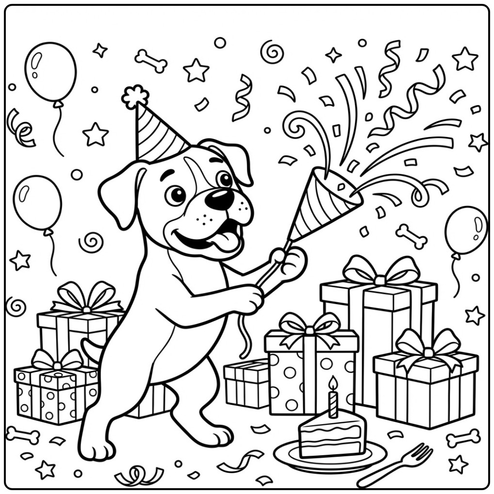 Boxer Birthday Dog Tossing Confetti coloring page