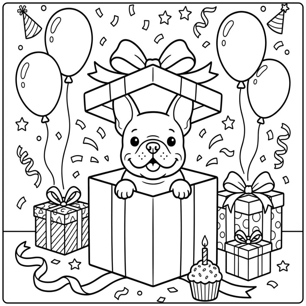 French Bulldog Birthday Dog Popping Out of a Gift Box coloring page