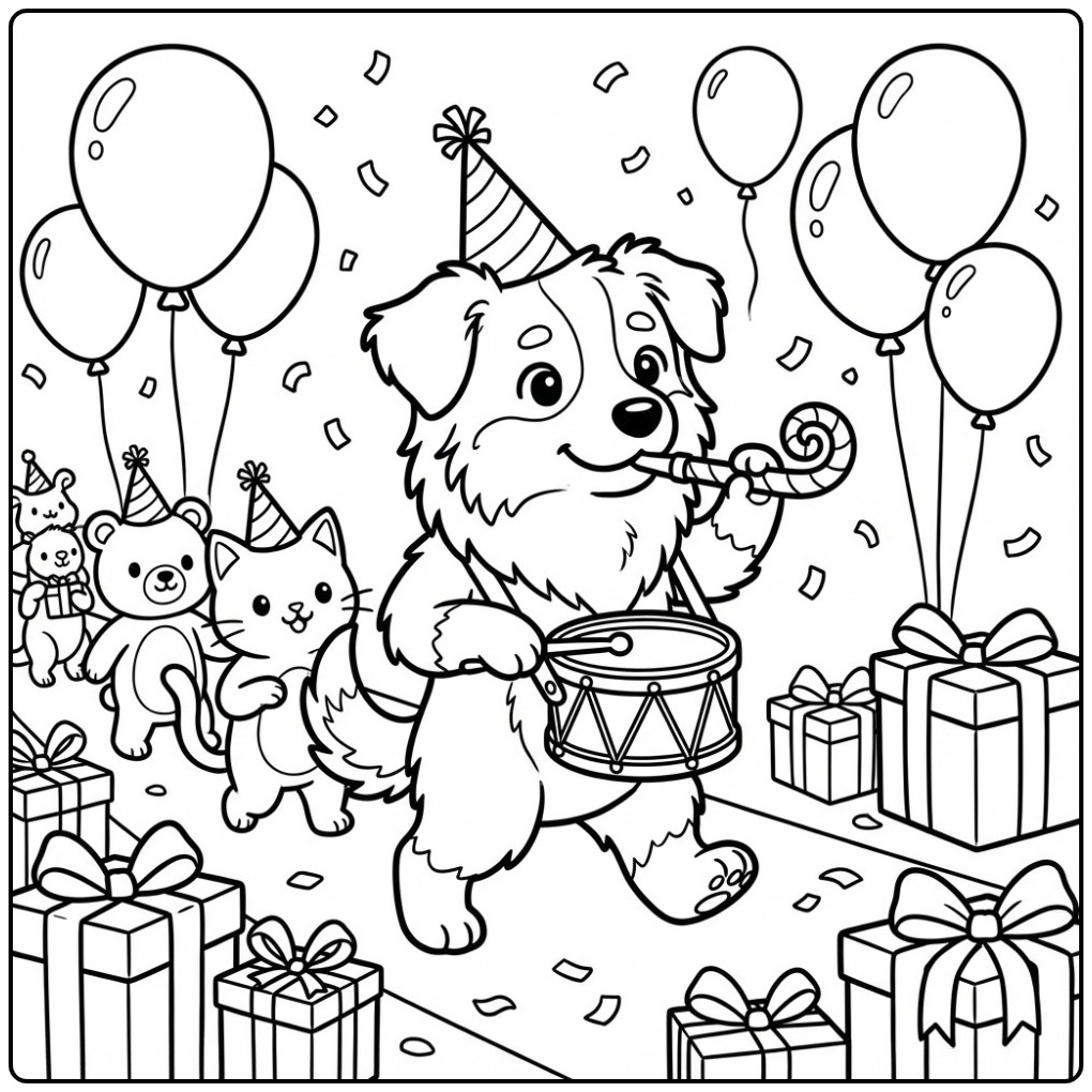 Australian Shepherd Birthday Dog Playing a Drum coloring page