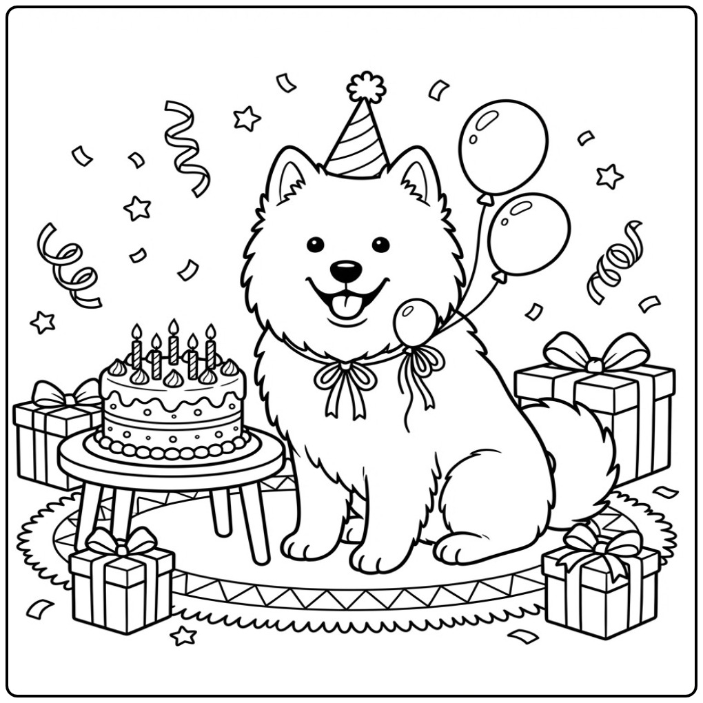 Samoyed Birthday Dog with Cake and Presents coloring page