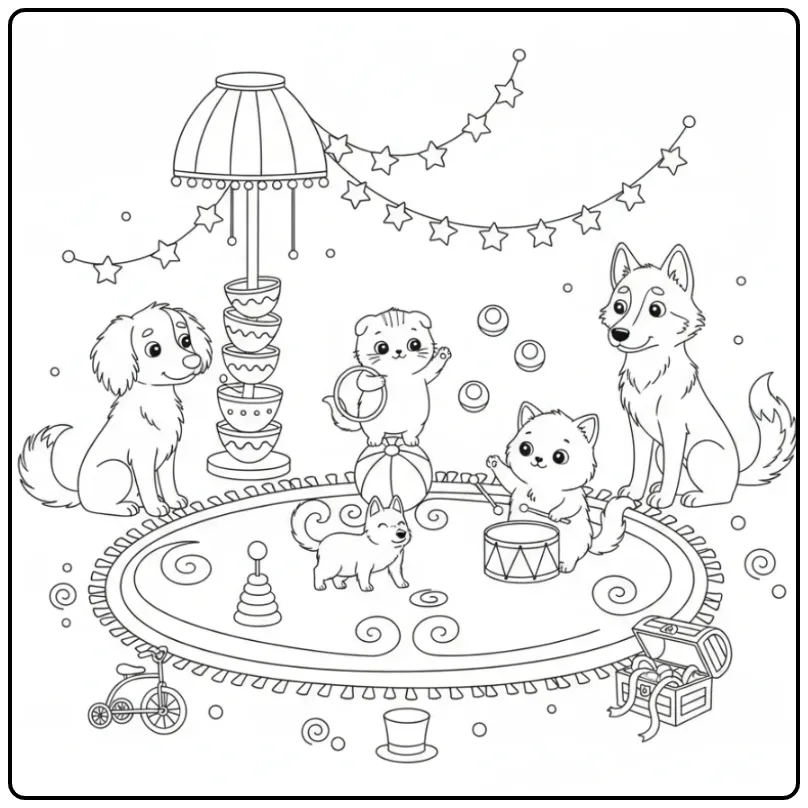 Dogs and Kittens Performing a Circus Show coloring page