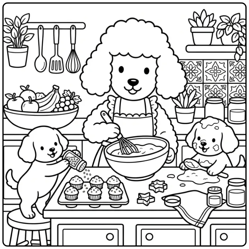 Poodle Mother and Puppies Baking Cupcakes coloring page