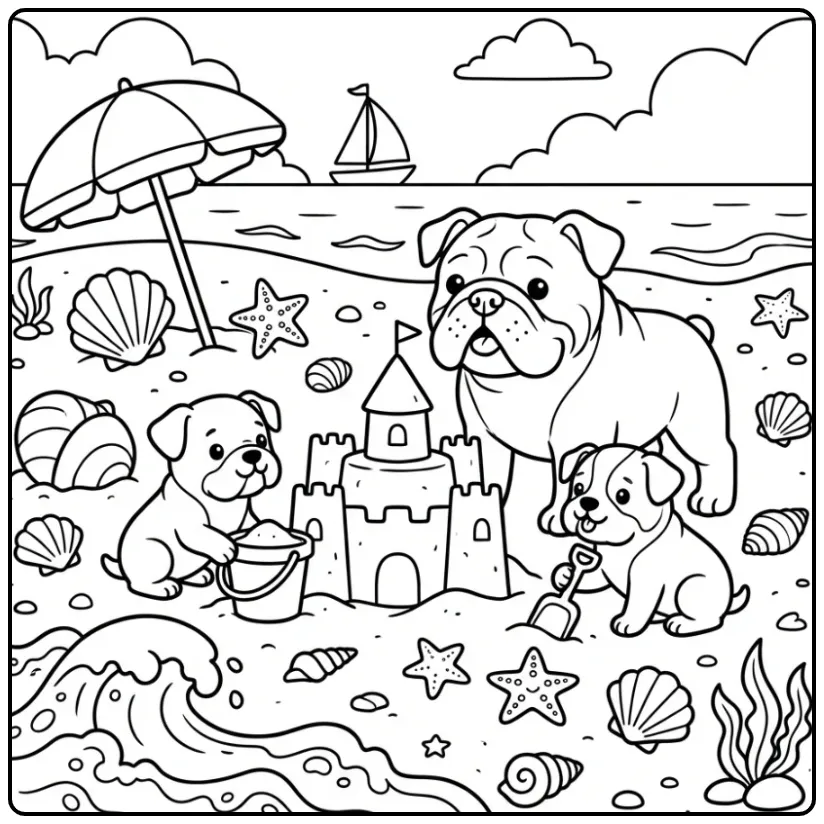 English Bulldog and Puppies Building a Sandcastle coloring page