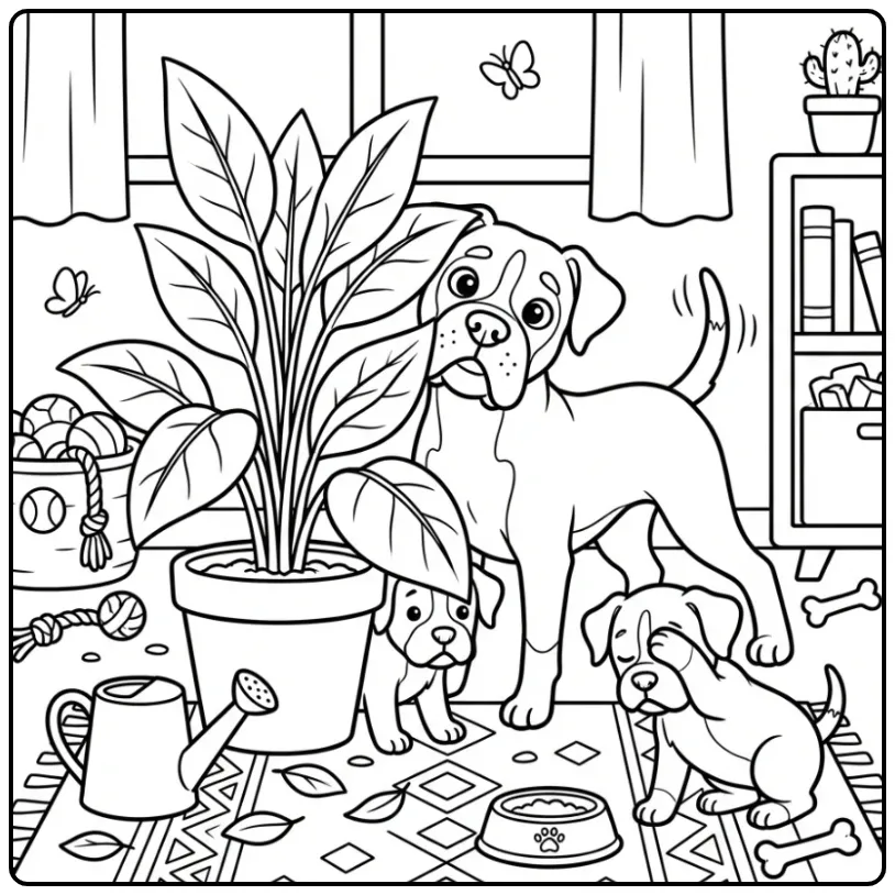 Boxer and Puppies Playing Hide and Seek coloring page