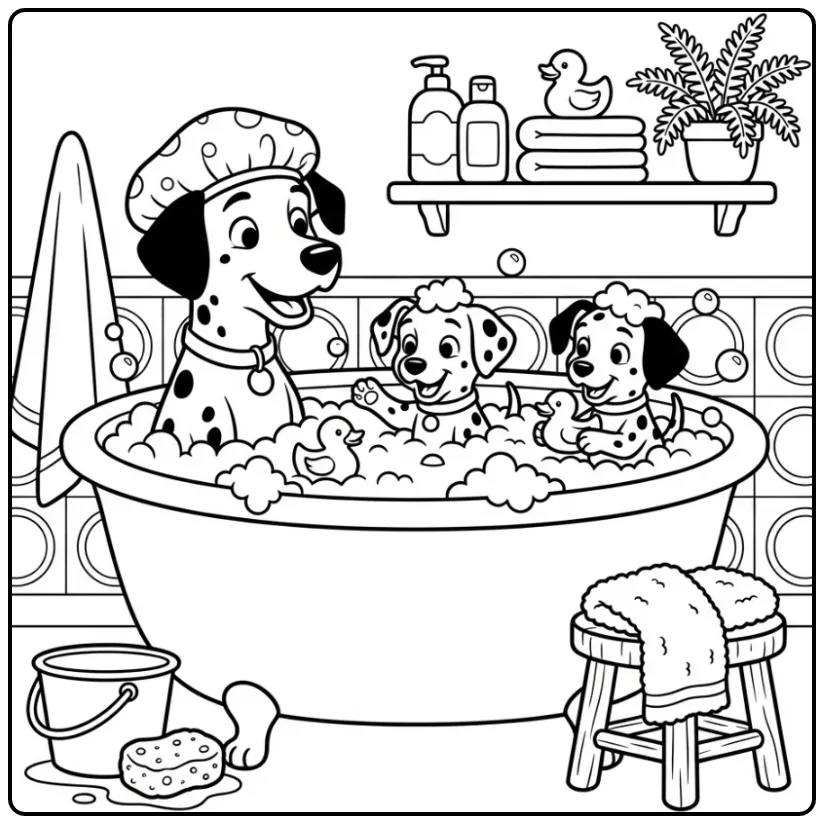 Dalmatian Mother and Puppies Taking a Bubble Bath coloring page