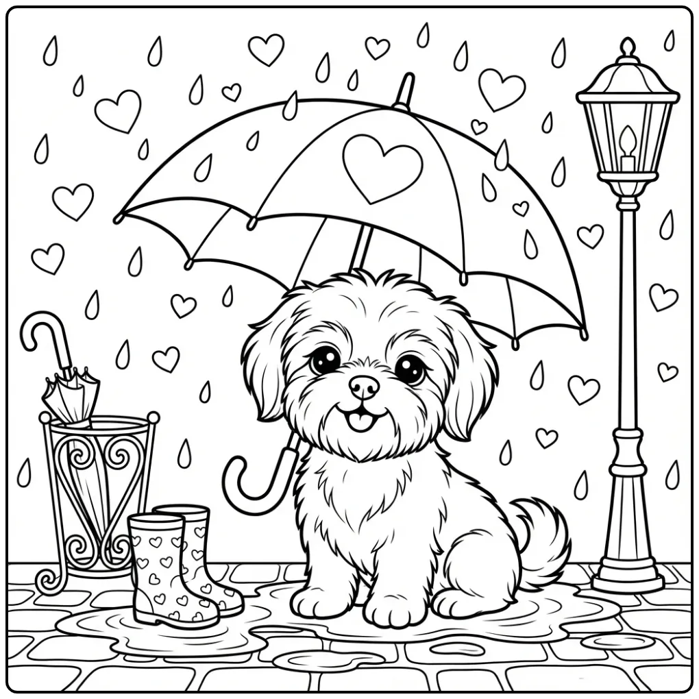Fun Shih Tzu Puppy with Heart in the Rain coloring page