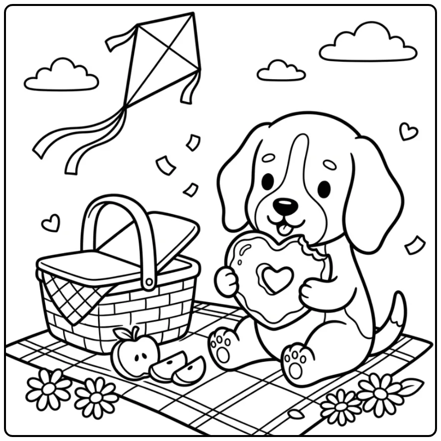 Fun Puppy with Heart at a Picnic coloring page