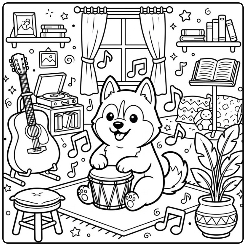 Musical Husky Playing a Drum coloring page
