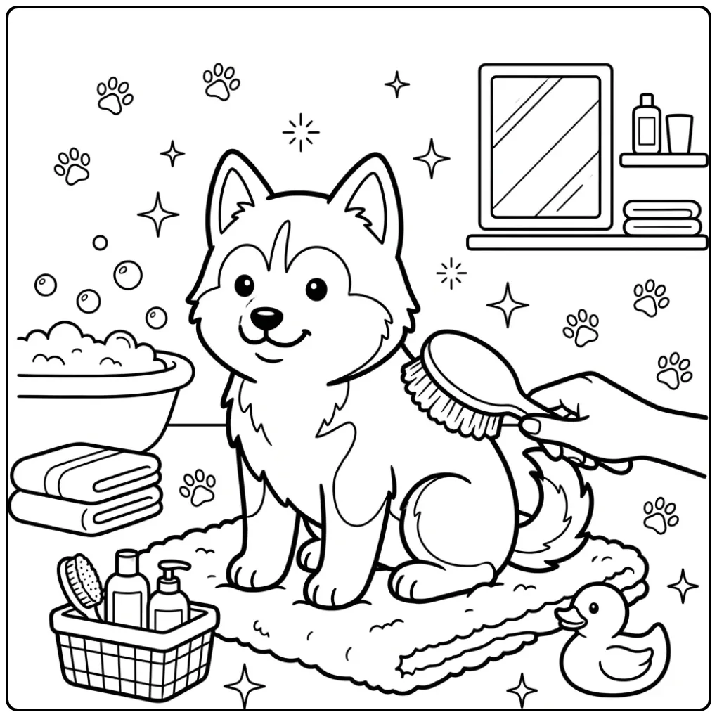 Husky Puppy Being Brushed at Bath Time coloring page