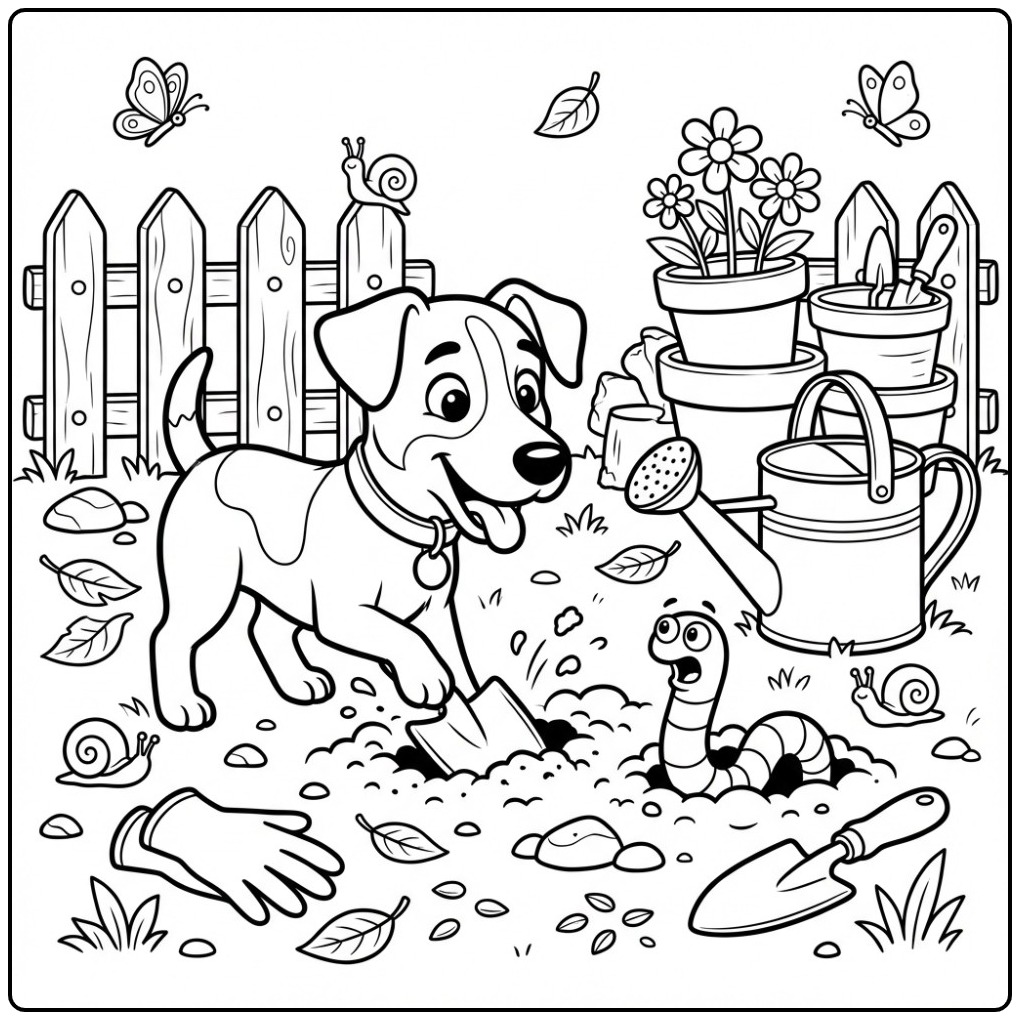 Jack Russell Digging in the Garden coloring page