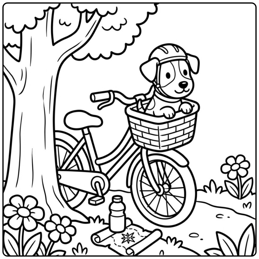 Jack Russell Puppy in a Bicycle Basket coloring page