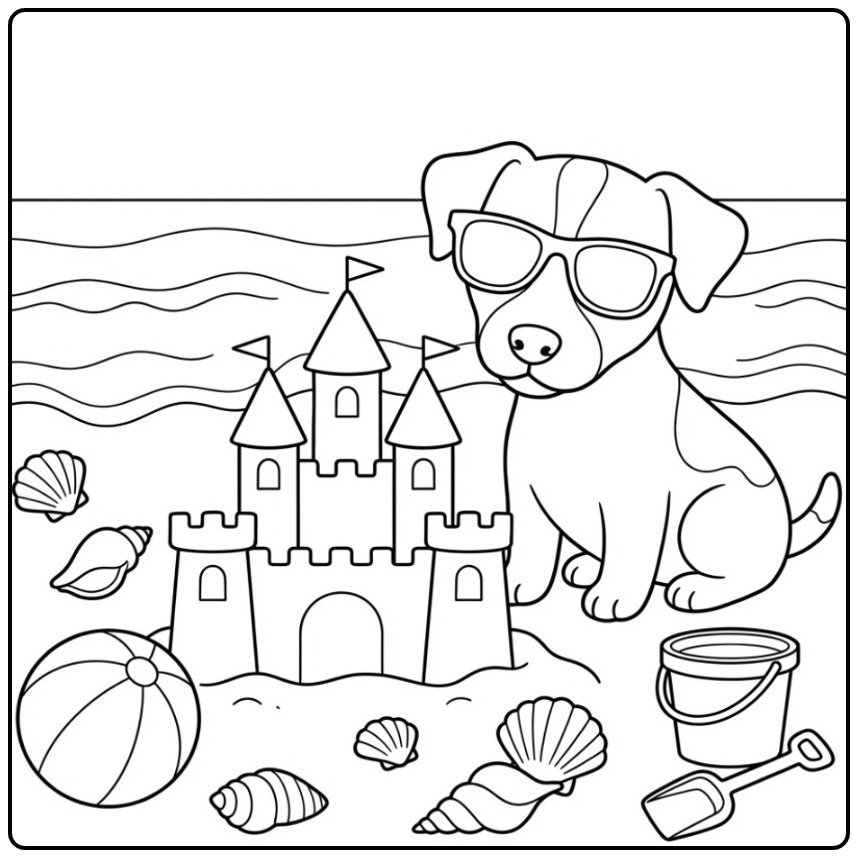 Jack Russell with Sunglasses at the Beach coloring page