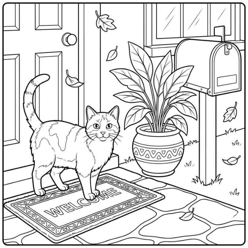 Cat coloring page on a doorstep by a doormat