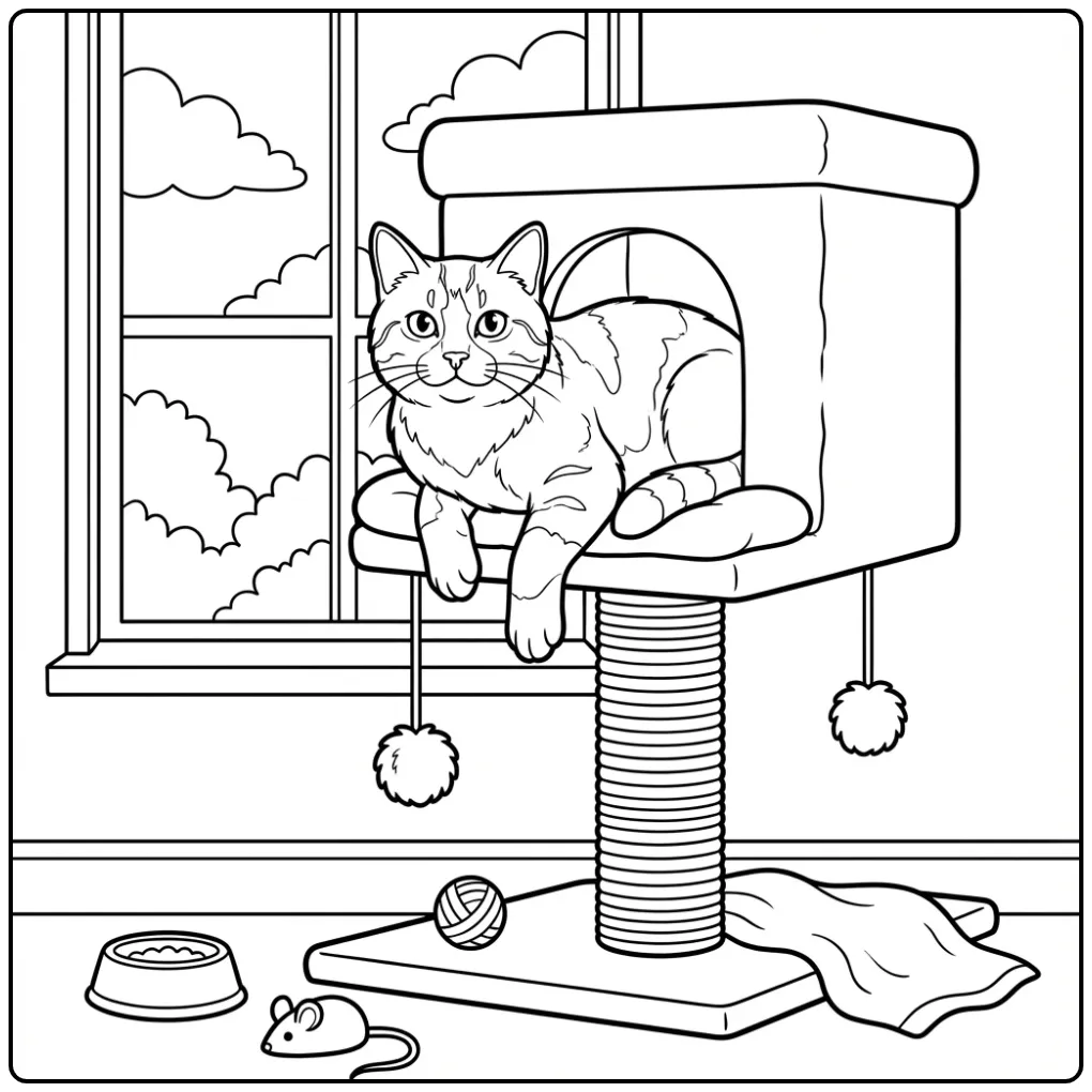 Cat coloring page in a cat tree house