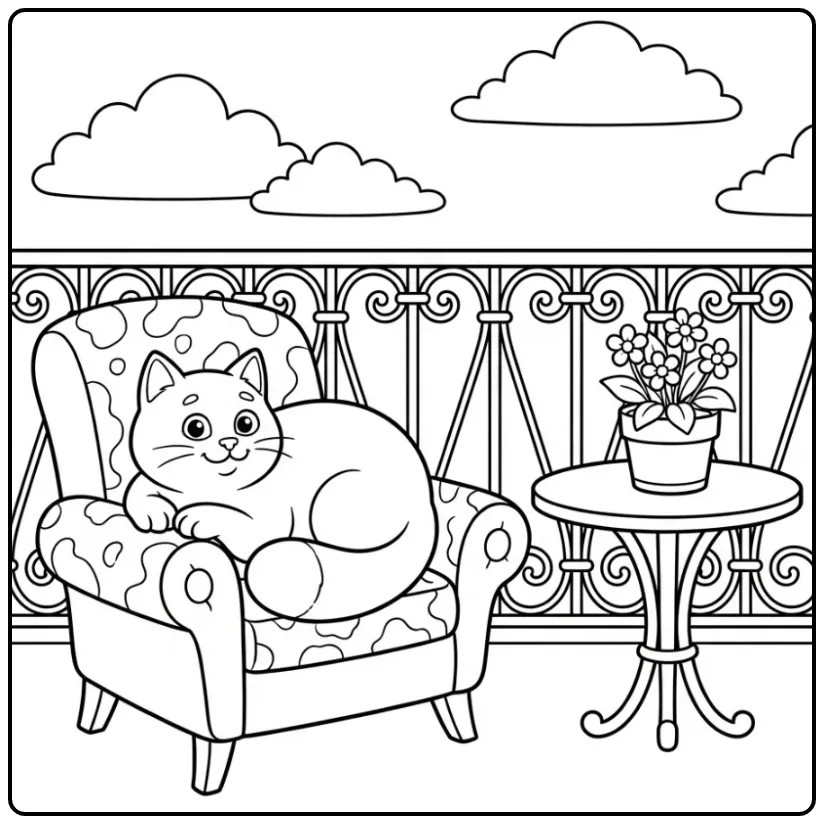 Cat coloring page on a sunny balcony with a flowerpot