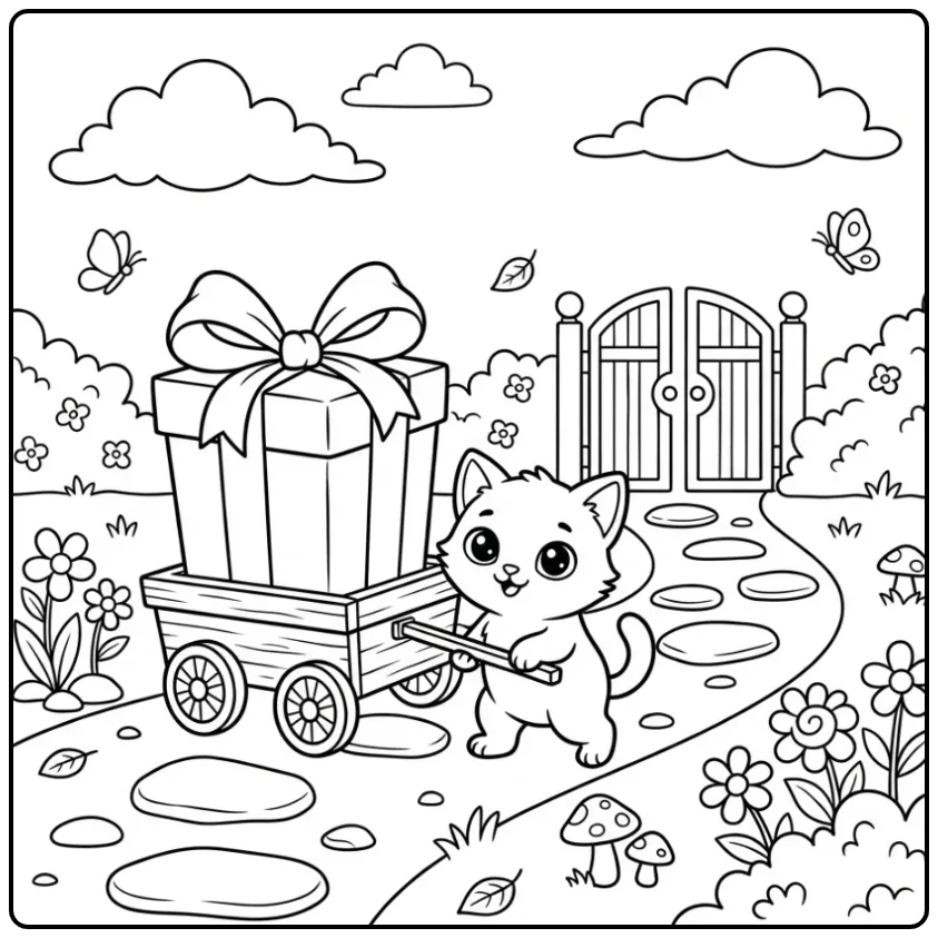 Easy Cat coloring page pulling a cart with a gift