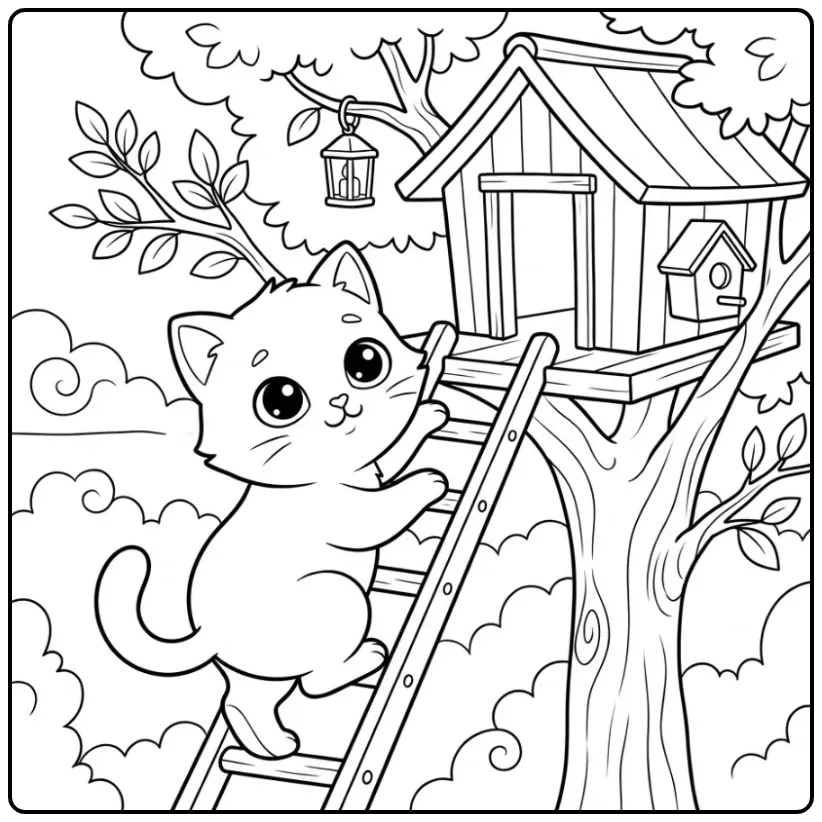 Easy Cat coloring page climbing to a treehouse